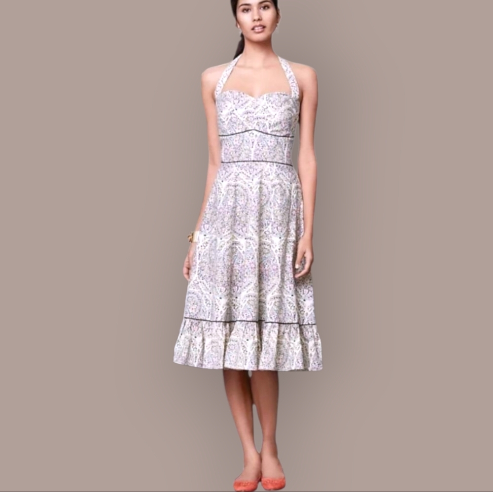 GIRLS FROM SAVOY x Anthropologie Swirled Paisley Ruffle Hem Halter Midi Dress 8
